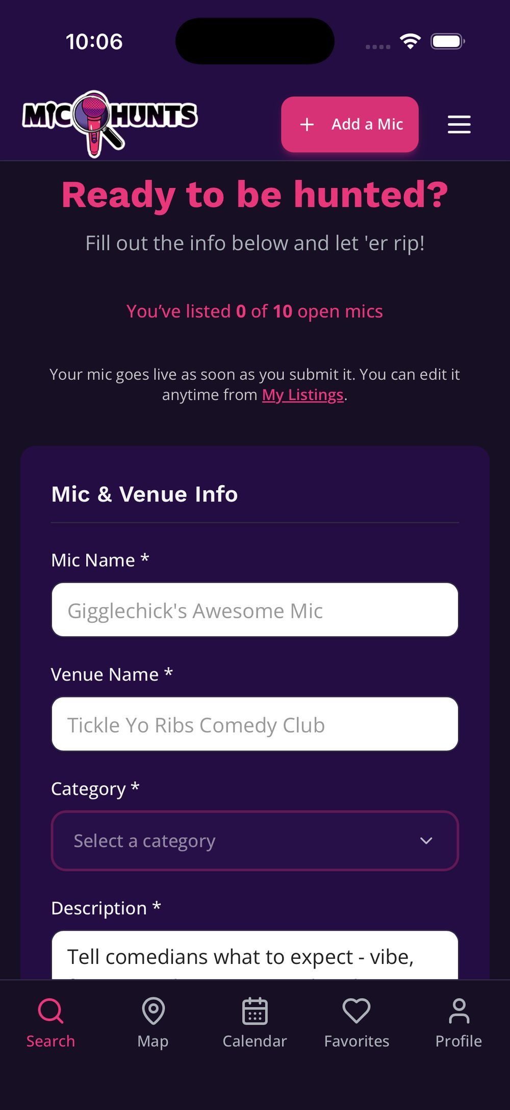 The Mic and Venue Info section
