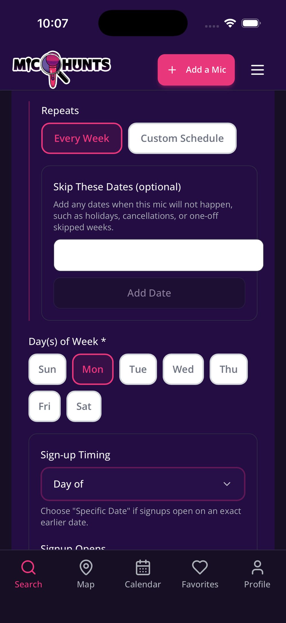 Day(s) of Week, with Every Week selected