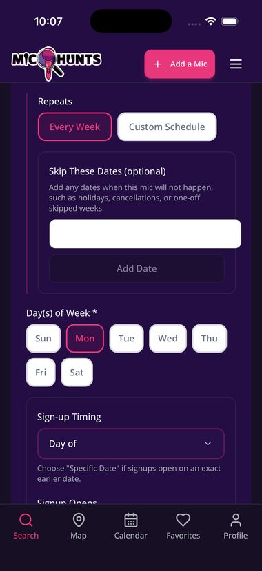 Day(s) of Week, with Every Week selected