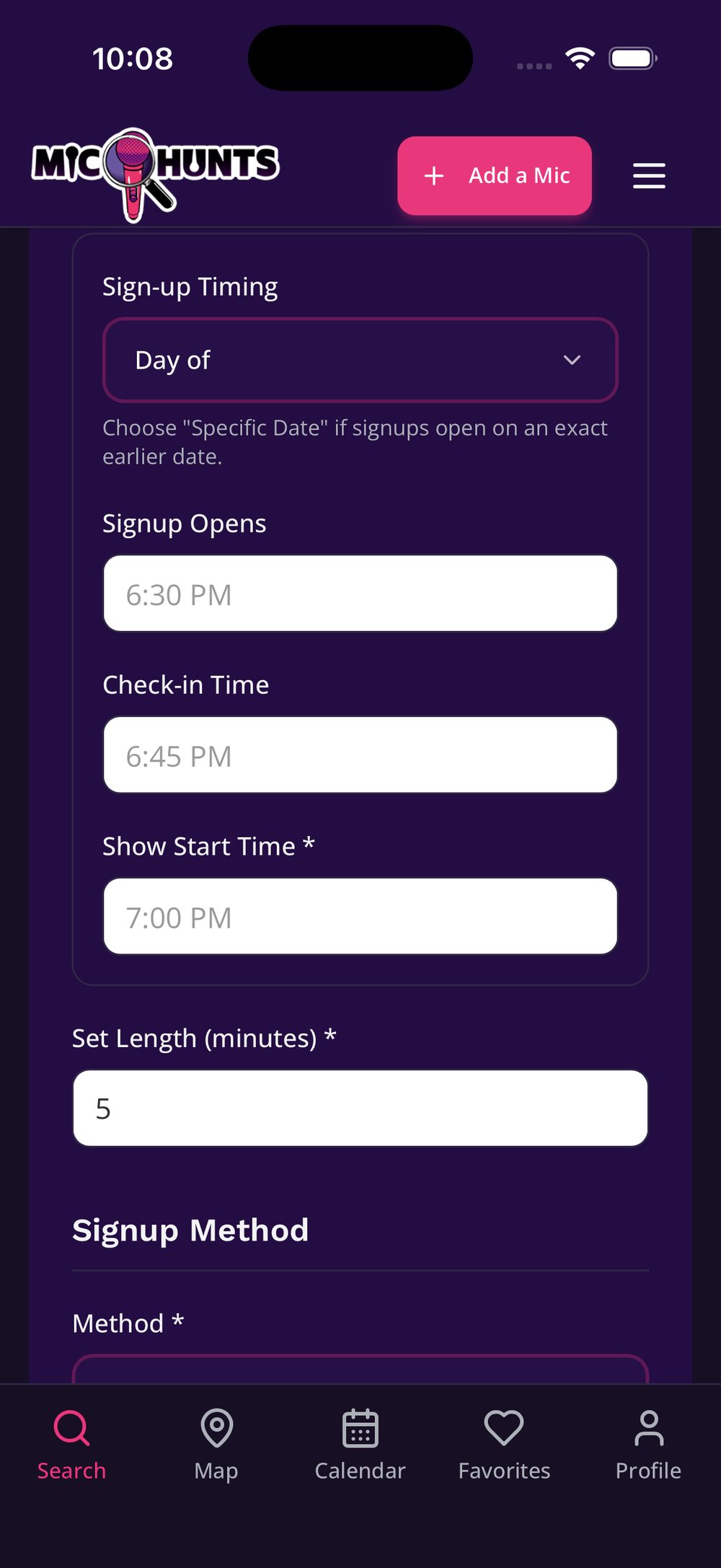 Sign-up timing, check-in, show start and set length