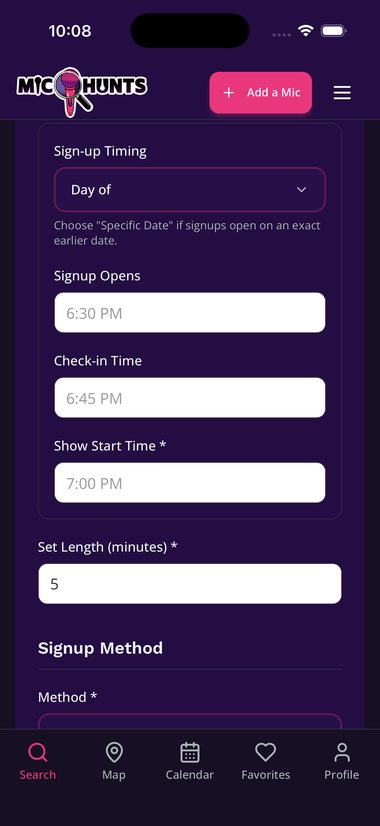 Sign-up timing, check-in, show start and set length
