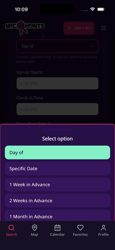 The Sign-up Timing options: Day of, Specific Date, 1 Week in Advance, 2 Weeks in Advance, 1 Month in Advance
