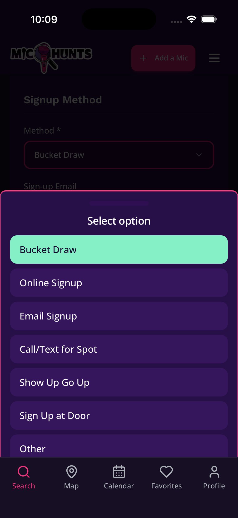 The sign-up method list