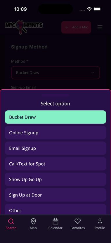 The sign-up method list