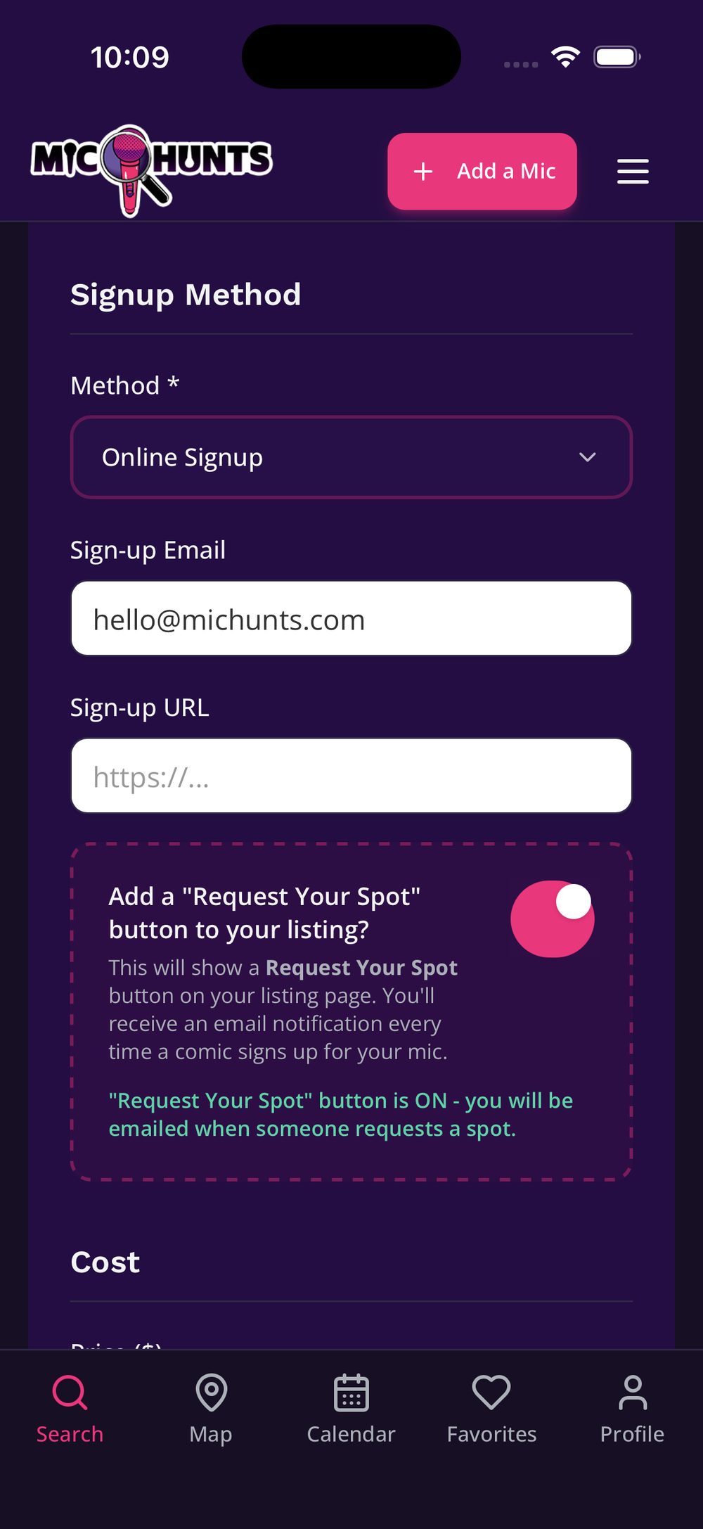 The Request Your Spot toggle, switched on